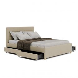 Beżowe łóżko dwuosobowe tapicerowane z szufladami 180 cm