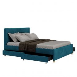 Turkusowe łóżko z szufladami tapicerowane 160 cm