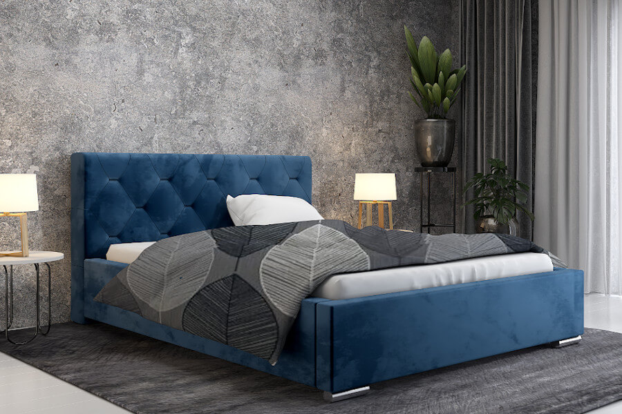Sypialnia z niebieskim tapicerowanym łóżkiem - rozmieszczenie mebli