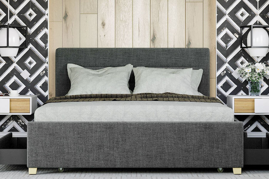 Łóżko dla mężczyzny tapicerowane ciemnoszare z szufladami