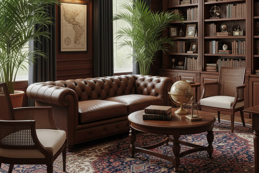 Styl kolonialny w kancelarii prawnej - inspiracja z sofą Chesterfield